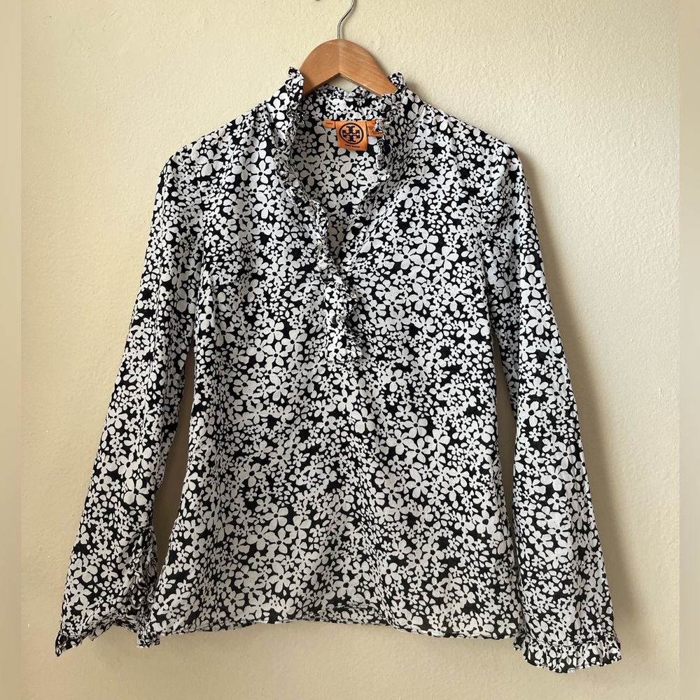 Tory Burch black & white floral blouse with ruffles